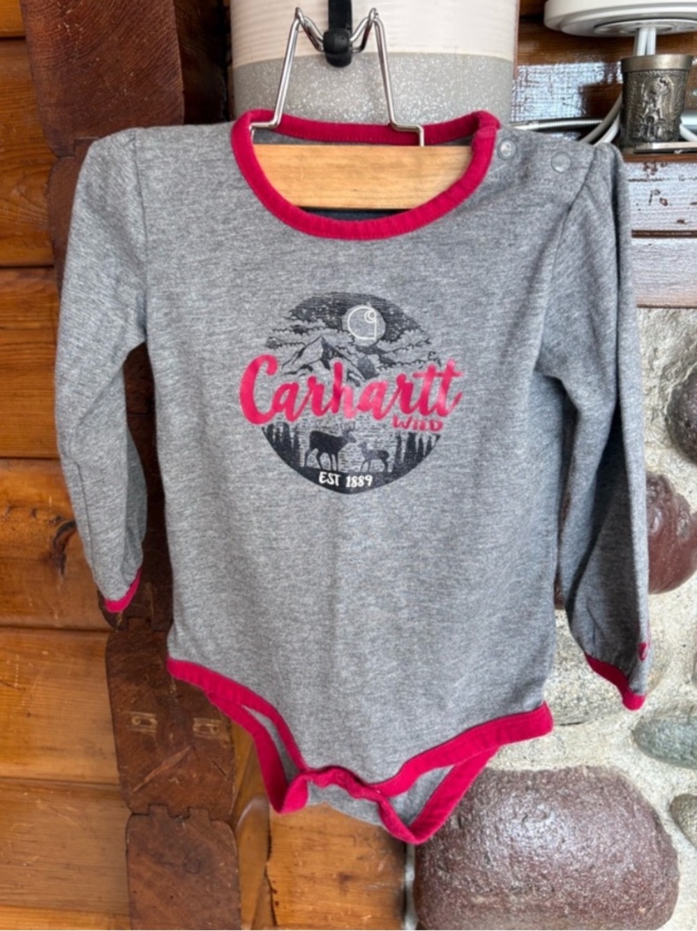 3/$25 Carhartt Wild Deer Gray Bodysuit onesie with Pink Trim girls Baby 18m